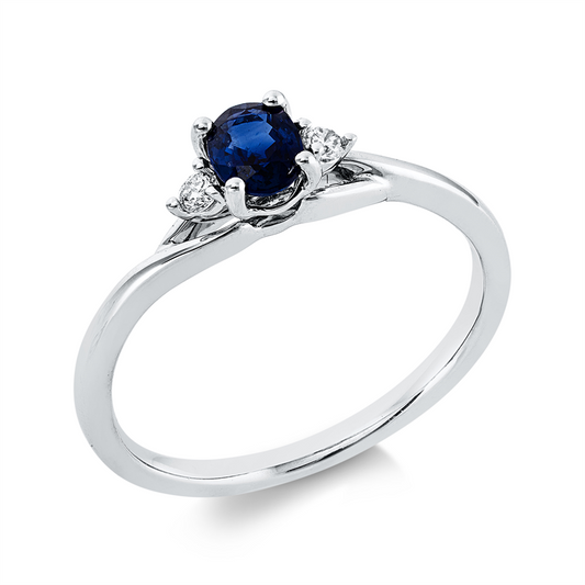 Ring 18 kt WG, 2 Brill. 0,06 ct, TW-si, 1 Saphir 0,42 ct blau