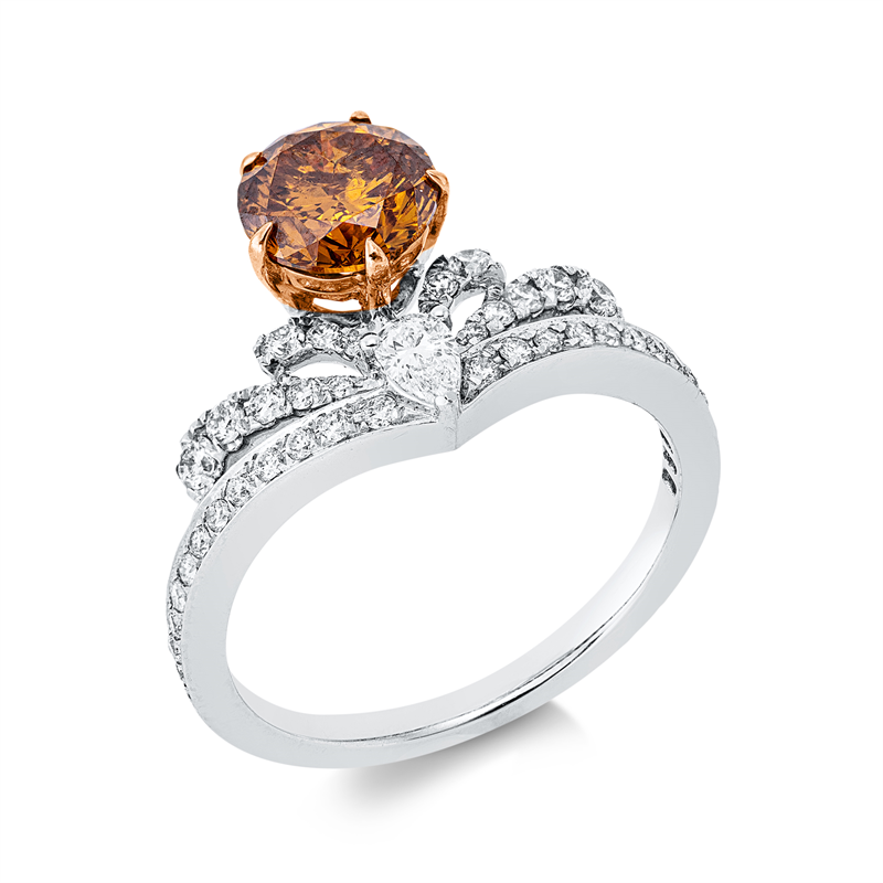 Ring 18 kt WG+RG, GIA, 1 Br. 1,13ct, orange-i3, 1 Tr 0,10 ct, D/F-si/pi, 42 Brill. 0,32 ct, TW-si/pi