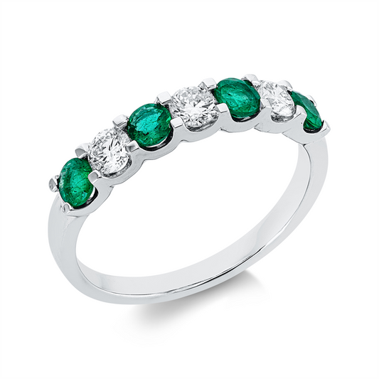 Ring 18 kt WG, 3 Brill. 0,39 ct, TW-si, 4 Smaragde 0,46 ct grün