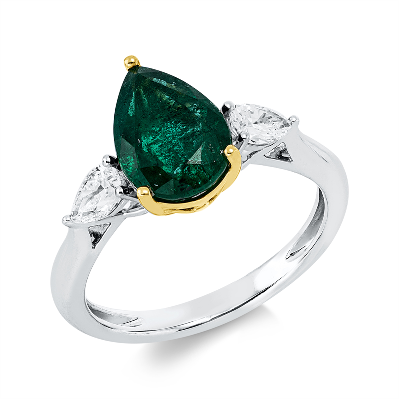 Ring 950 Pt GP, 2 Tropfen 0,42 ct, TW-si, 1 Smaragd 2,00 ct grün