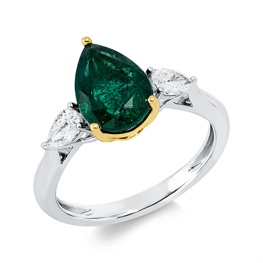 Ring 950 Pt GP, 2 Tropfen 0,42 ct, TW-si, 1 Smaragd 2,00 ct grün