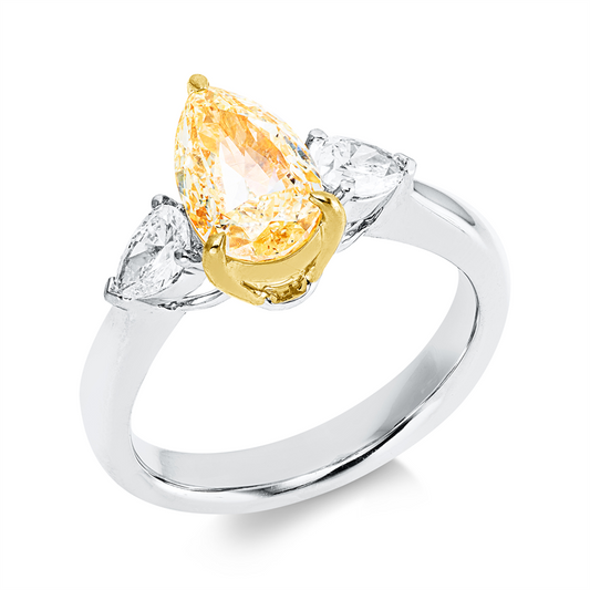 Ring 18 kt WG+GG, GIA 2225128292, 1 Tropfen 1,80 ct, gelb-si1, 2 Tropfen 0,55 ct, TW-si