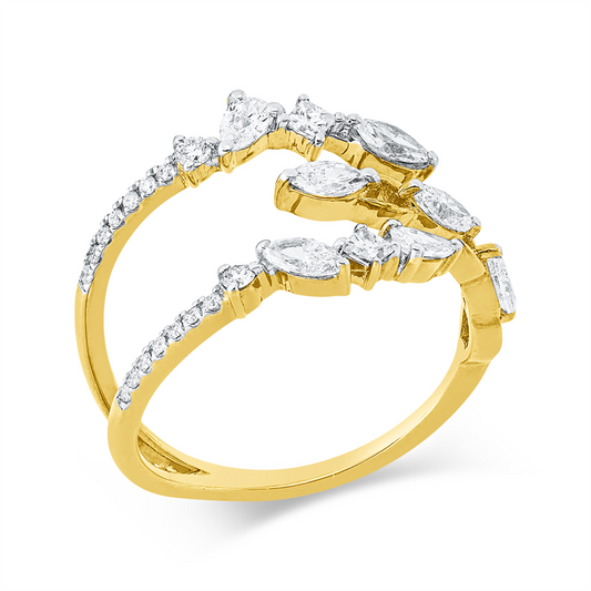 Ring 18 kt GG+WG, 5 Nav. 0,46 ct, 2 Tropfen 0,10 ct, 2 Princ. 0,16 ct, 16 Brill. 0,09 ct, TW-si