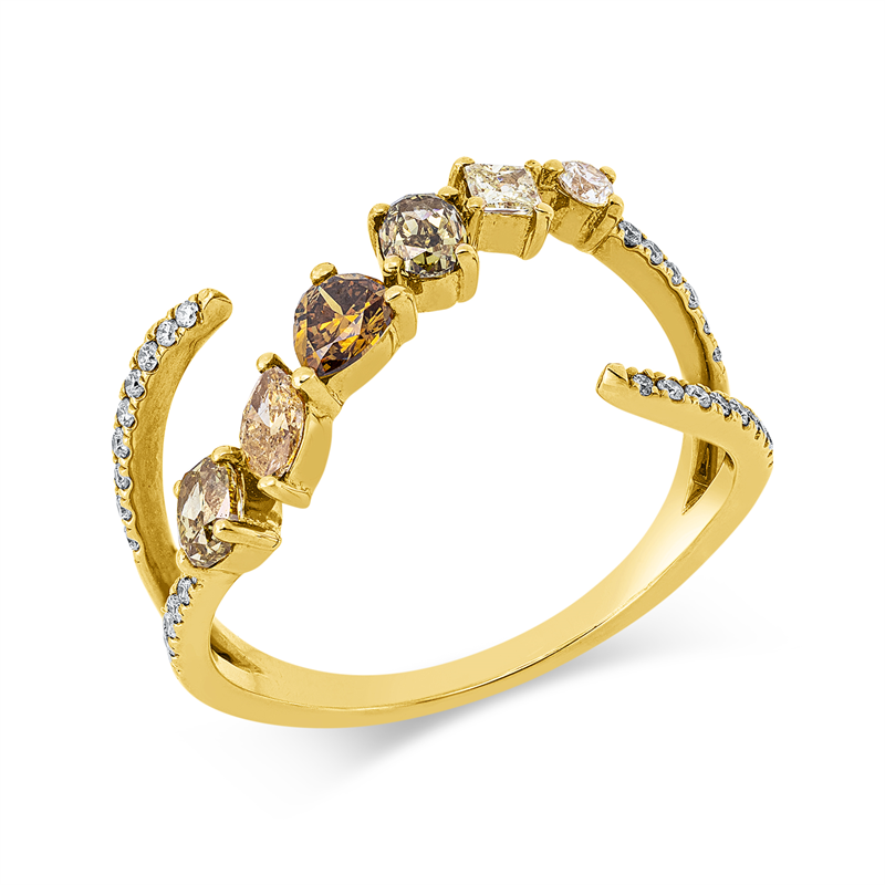 Ring 18 kt GG, 31 Brill. 0,15 ct, TW-si, 5 Fant-Schl. 0,60 ct, fancy