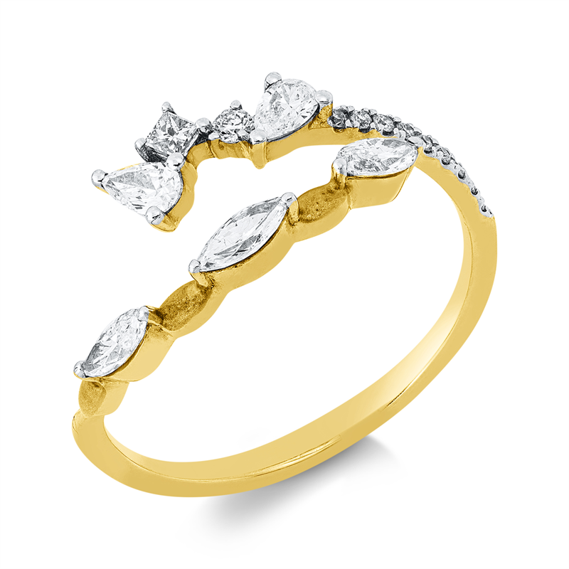 Ring 18 kt GG+WG, 3 Nav. 0,27 ct, 2 Tropfen 0,15 ct, 1 Princ. 0,19 ct, 10 Brill. 0,06 ct, TW-si