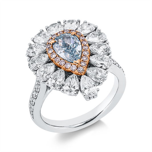 Ring 18 kt WG+RG, GIA2347399646, 1 Tropfen 1,07 ct, blau, 46 Dia. 2,64 ct, fancy