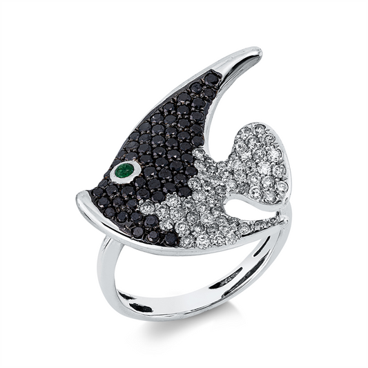 Ring 18 kt WG, 57 Brill. 0,53 ct, F-pi, 58 Brill. 0,69 ct, schwarz, 1 Smaragd 0,04 ct grün
