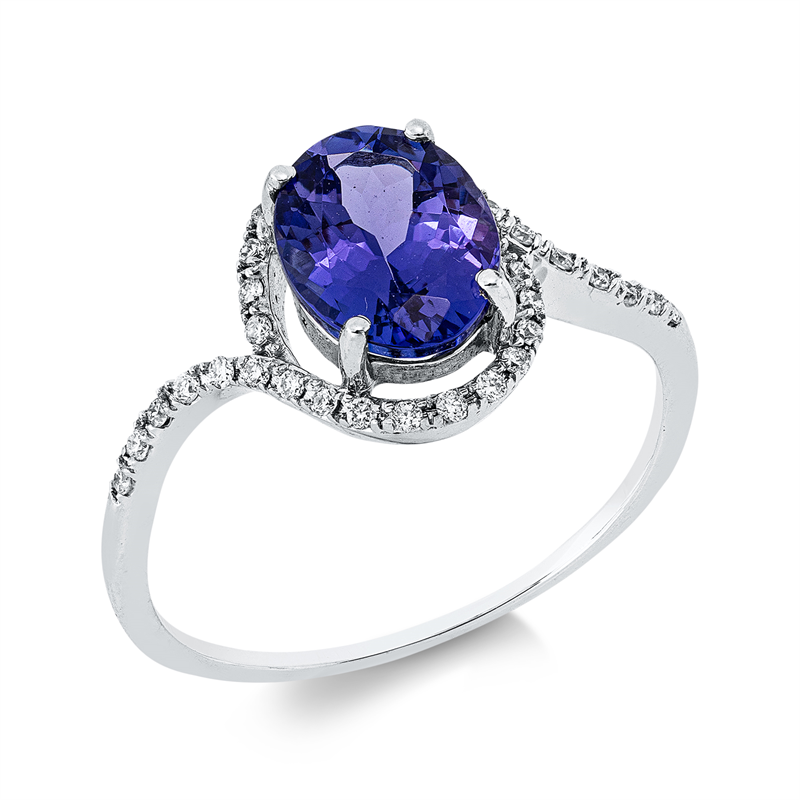 Ring 18 kt WG, 32 Brill. 0,12 ct, F-vsi/si, 1 Tansanit 1,69 ct blau