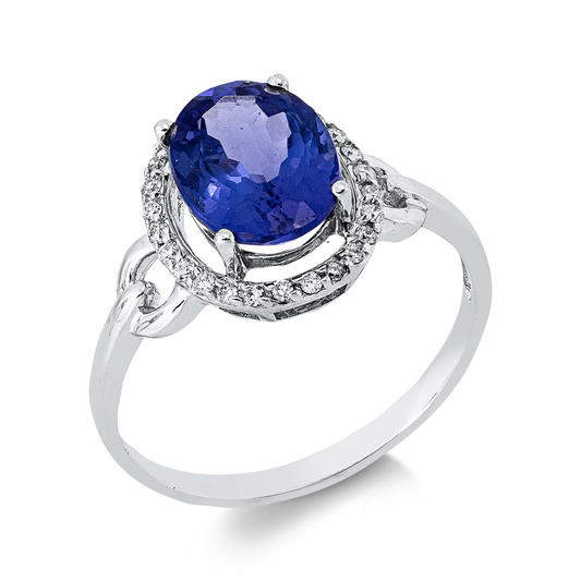 Ring 18 kt WG, 26 Brill. 0,12 ct, F-vsi/si, 1 Tansanit 2,30 ct blau