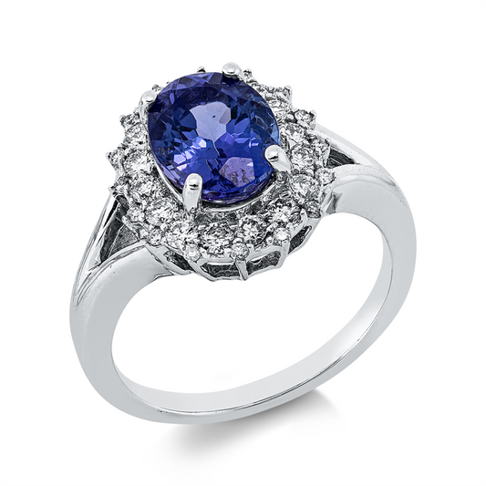 Ring 18 kt WG, 32 Brill. 0,49 ct, F-vsi, 1 Tansanit 2,32 ct blau