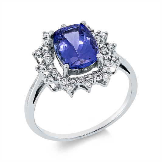 Ring 18 kt WG, 36 Brill. 0,36 ct, F-vsi, 1 Tansanit 2,20 ct blau