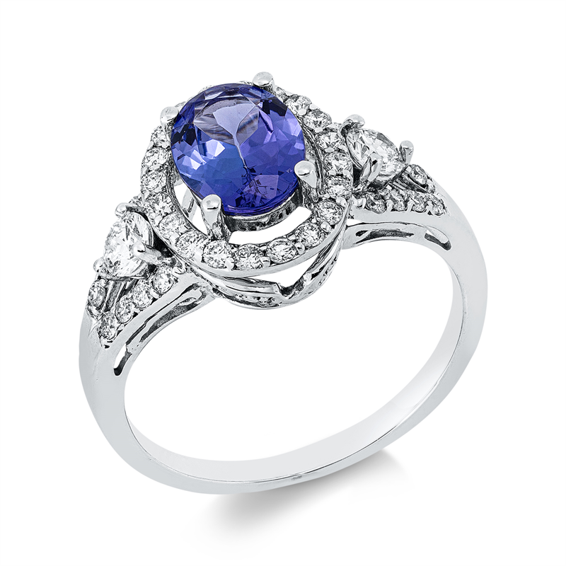 Ring 18 kt WG, 38 Brill. 0,55 ct, F-si, 1 Tansanit 1,07 ct blau