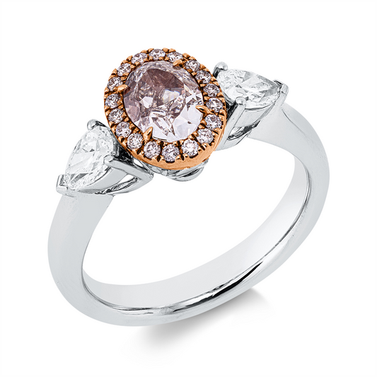 Ring 18 kt WG+RG, GIA, 2 Tropfen 0,52 ct, TW-si, 1 Oval 1,00 ct-i1, 18 Brill. 0,18 ct, pink