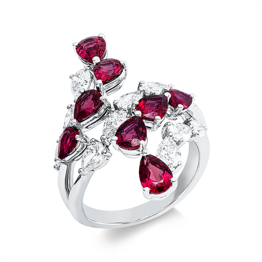 Ring 18 kt WG, 10 Tropfen 1,40 ct, F-vvs/vs, 8 Rubine 3,06 ct rot