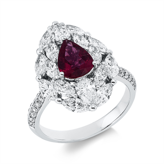Ring 18 kt WG, 14 Nav. 1,39 ct, 36 Brill. 0,23 ct, 2 Tropfen 0,44 ct, F-vvs/vs, 1 Rubin 1,01 ct rot