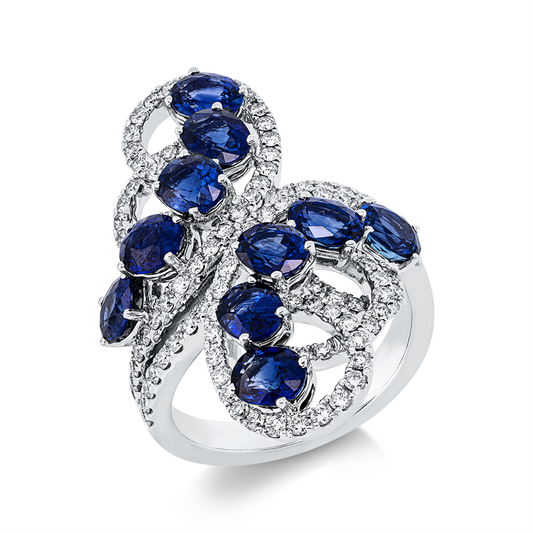 Ring 18 kt WG, 106 Brill. 1,00 ct, F-vvs/vs, 10 Saphire 4,79 ct blau