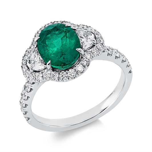 Ring 18 kt WG, 38 Brill. 0,54 ct, F-vvs/vs, 2 Halbmond 0,29 ct, F-vvs/vs, 1 Smaragd 1,52 ct grün
