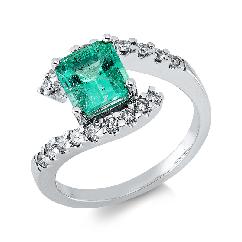 Ring 18 kt WG, 18 Brill. 0,41 ct, F-pi, 1 Smaragd 1,48 ct grün