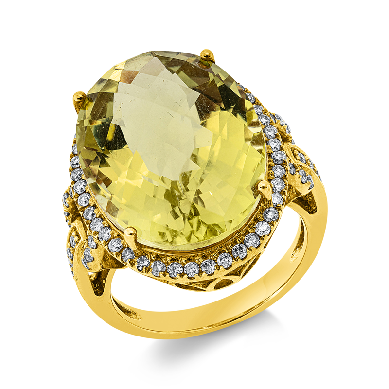 Ring 18 kt GG, 68 Brill. 0,49 ct, F-si, 1 Lemonquarz 15,29 ct grün