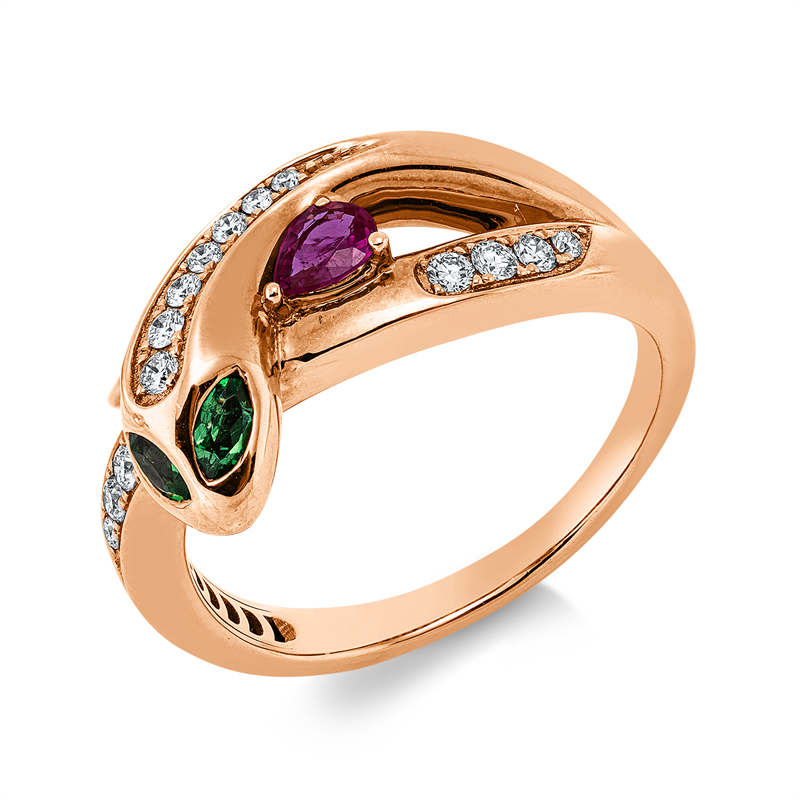 Ring 18 kt RG, 15 Brill. 0,17 ct, F-vsi, 1 Rubin 0,15 ct rot, 2 Tsavorith 0,13 ct grün