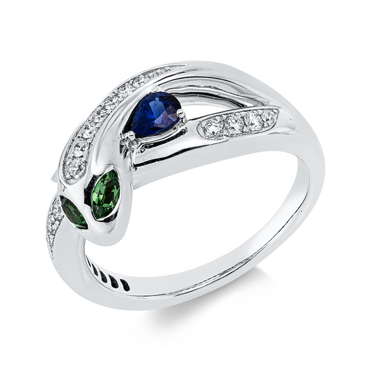 Ring 18 kt WG, 15 Brill. 0,17 ct, F-vsi, 1 Saphir 0,19 ct blau, 2 Tsavorith 0,12 ct grün