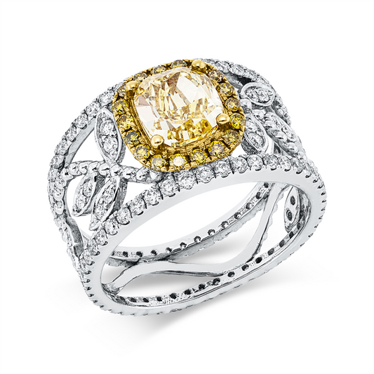 Ring 18 kt WG+GG, 1 Cushion 1,26 ct, gelb-vs2, 112 Brill. 0,90 ct, F-si, 18 Brill. 0,11 ct, gelb