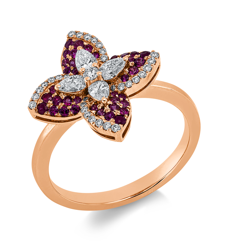 Ring 18 kt RG, 4 Tropfen 0,35 ct, F-vsi, 33 Brill. 0,12 ct, F-vsi, 40 Rubine 0,32 ct rot