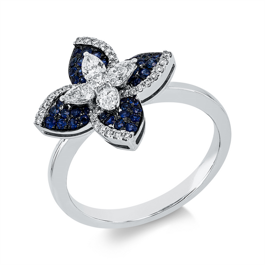 Ring 18 kt WG, Fassung schwarz rhodiniert, 4 Tropfen 0,31 ct, 33 Brill. 0,12 ct, F-vsi, 40 Sap 0,29 ct