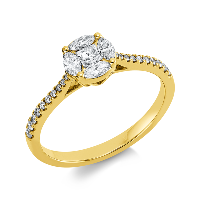 Ring 18 kt GG, 1 Princ. 0,12 ct, TW-vsi, 20 Brill. 0,09 ct, TW-si, 4 Nav. 0,23 ct, TW-vsi
