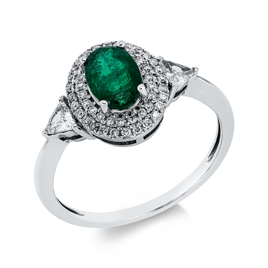 Ring 18 kt WG, 2 Triangel 0,18 ct, I-si, 50 Brill. 0,15 ct, F-pi, 1 Smaragd 0,73 ct grün