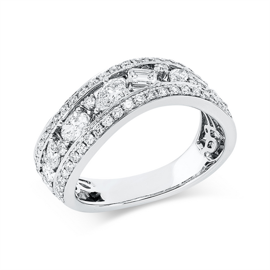 Ring 18 kt WG, 1 Tropfen 0,05 ct,  2 Nav. 0,11 ct, 6 Fant-Schl. 0,52 ct, TW-si, 51 Brill. 0,40 ct, TW-si