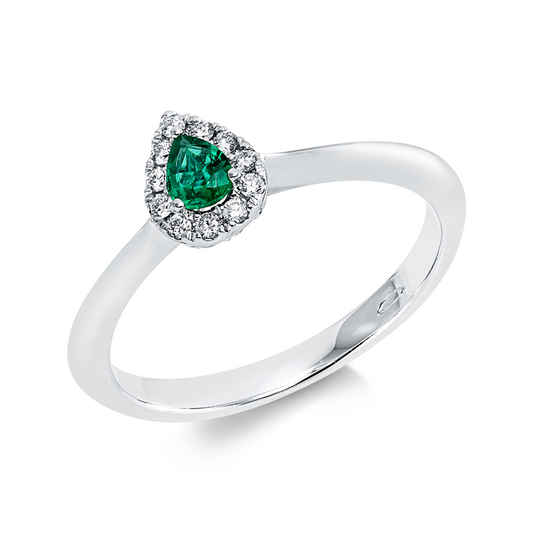 Ring 18 kt WG, 11 Brill. 0,08 ct, TW-vsi, 1 Smaragd 0,14 ct grün