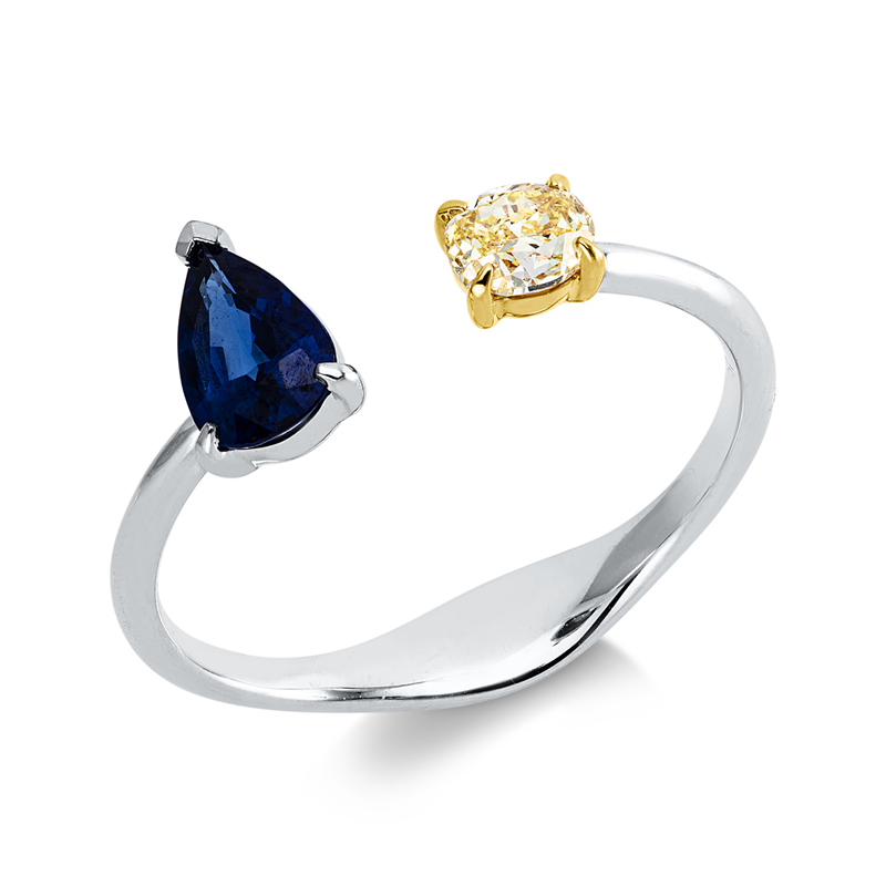Ring 18 kt WG+GG, 1 Oval 0,25 ct, gelb, 1 Saphir 0,64 ct blau