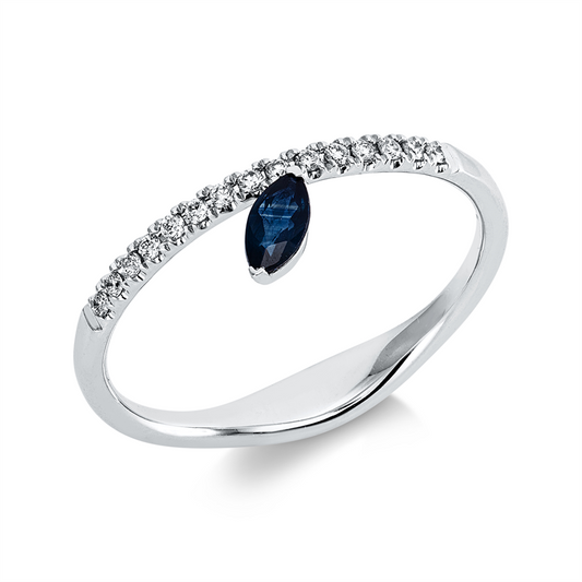 Ring 18 kt WG, 15 Brill. 0,08 ct, I-si, 1 Saphir 0,18 ct blau
