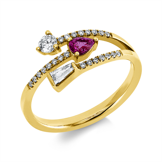 Ring 18 kt GG, 1 Brill. 0,11 ct, 1 Trap. 0,07 ct, 23 Brill. 0,10 ct, TW-si/pi, 1 Rubin 0,24 ct rot