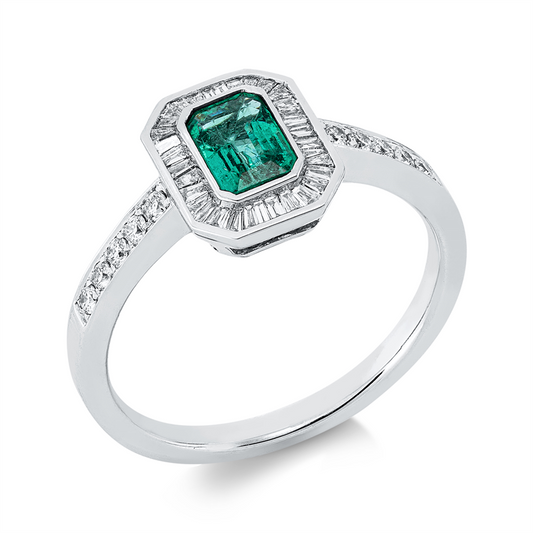 Ring 18 kt WG, 34 Trap. 0,14 ct, TW-si, 10 Brill. 0,12 ct, TW-si, 1 Smaragd 0,51 ct grün