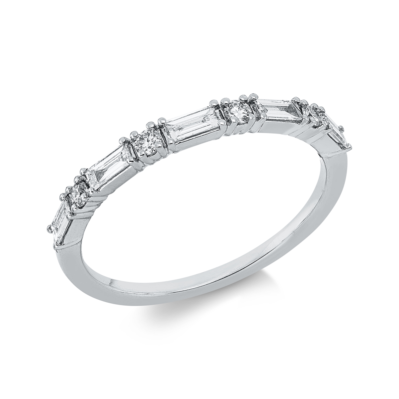 Ring 18 kt WG, 4 Brill. 0,10 ct, TW-pi, 5 Bag. 0,24 ct, TW-pi