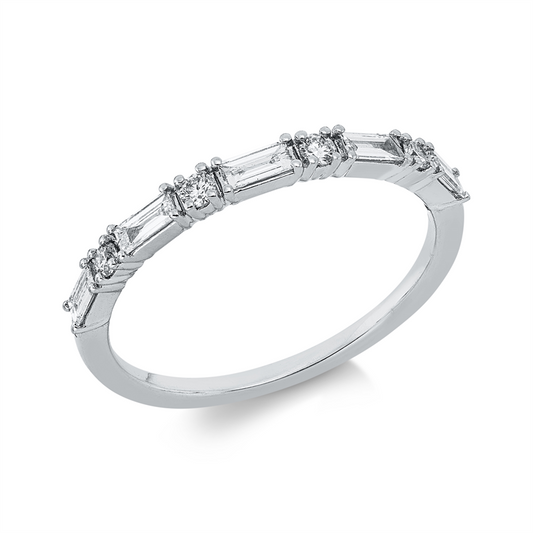 Ring 18 kt WG, 4 Brill. 0,10 ct, TW-pi, 5 Bag. 0,24 ct, TW-pi