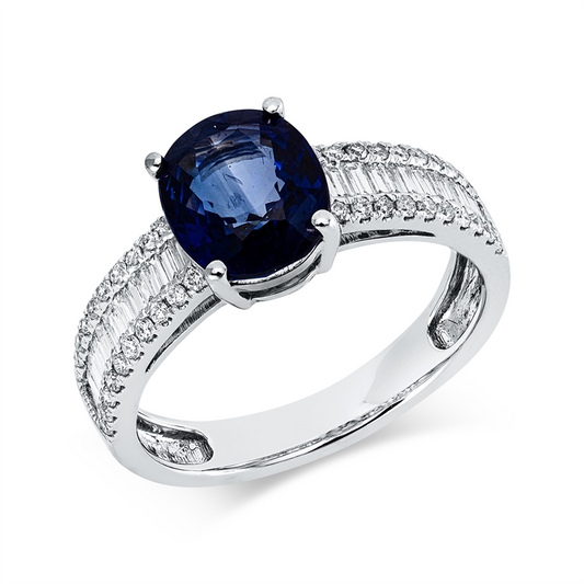 Ring 18 kt WG, 26 Bag. 0,30 ct, TW-vvs, 40 Brill. 0,19 ct, TW-vvs, 1 Saphir 2,16 ct blau