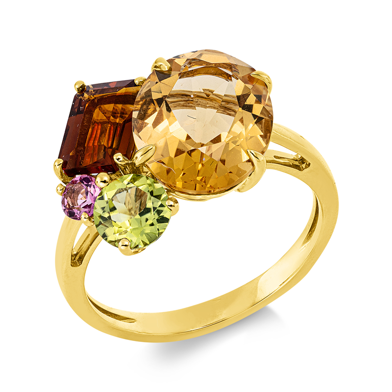 Ring 18 kt GG, 1 Peridot 0,60 ct grün, 1 Turmalin 0,20 ct pink, 1 Citrin 0,90 ct mandarin, 1 Citrin 3,60 ct orange
