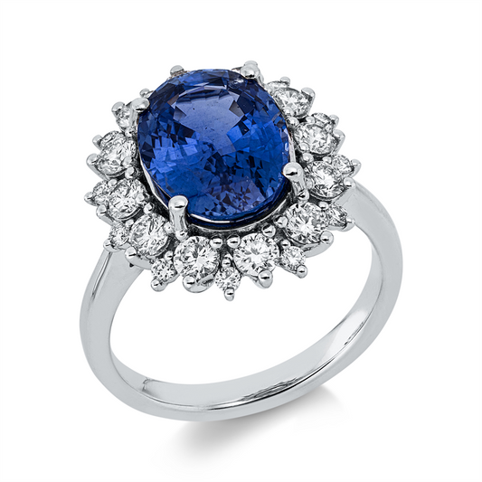 Ring 18 kt WG, 24 Brill. 0,98 ct, TW-vsi, 1 Saphir 4,53 ct blau