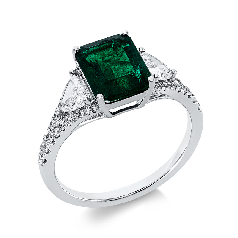 Ring 18 kt WG, 2 Triangel 0,54 ct, TW-vsi, 17 Brill. 0,26 ct, TW-vsi, 1 Smaragd 2,13 ct grün