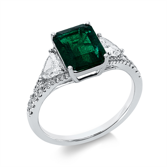 Ring 18 kt WG, 2 Triangel 0,54 ct, TW-vsi, 17 Brill. 0,26 ct, TW-vsi, 1 Smaragd 2,13 ct grün