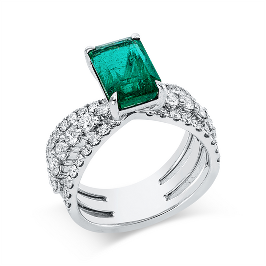 Ring 18 kt WG, 48 Brill. 1,35 ct, TW-si, 1 Smaragd 3,25 ct grün