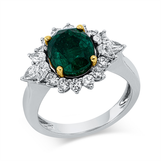 Ring 18 kt WG+GG, 6 Tropfen 0,45 ct, TW-vvs, 12 Brill. 0,43 ct, TW-vvs, 1 Smaragd 2,85 ct grün