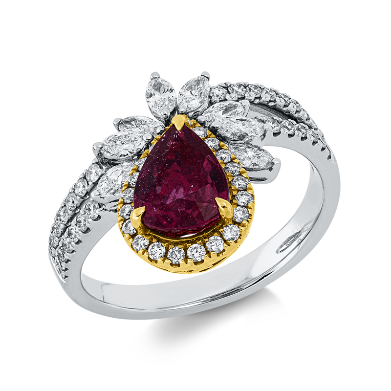 Ring 18 kt WG+GG, 8 Nav. 0,42 ct, TW-vsi, 51 Brill. 0,38 ct, TW-vsi, 1 Rubin 1,72 ct rot