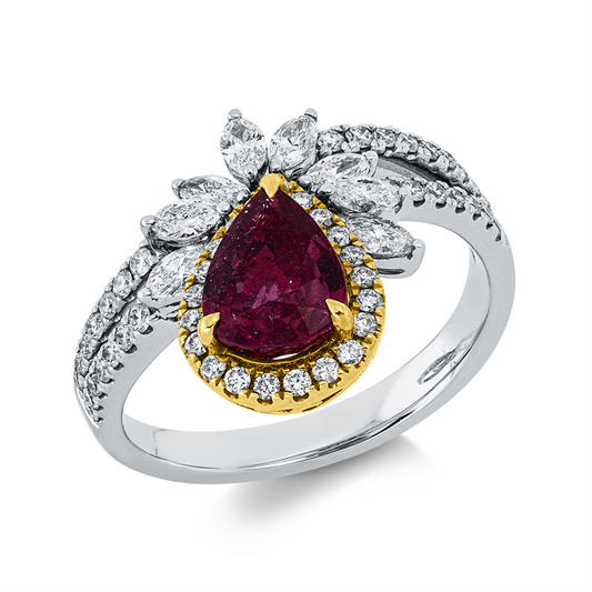 Ring 18 kt WG+GG, 8 Nav. 0,42 ct, TW-vsi, 51 Brill. 0,38 ct, TW-vsi, 1 Rubin 1,72 ct rot