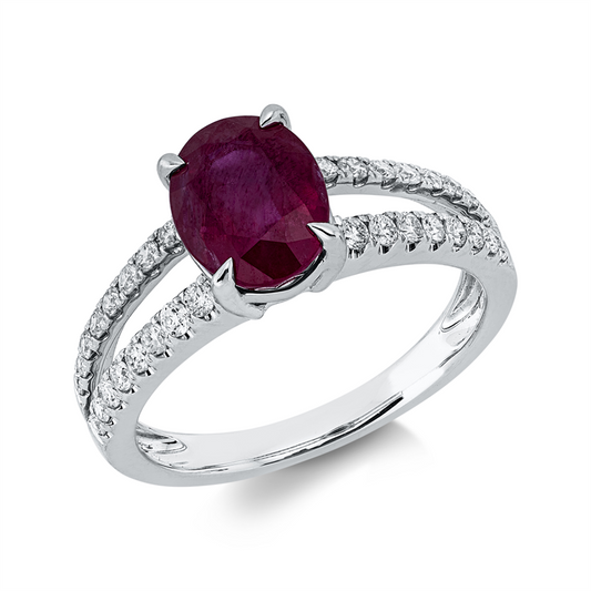 Ring 18 kt WG, 32 Brill. 0,40 ct, TW-si, 1 Rubin 2,82 ct rot
