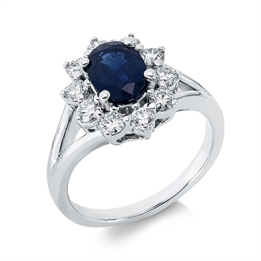 Ring 18 kt WG, 10 Brill. 0,76 ct, TW-si, 1 Saphir 1,43 ct blau