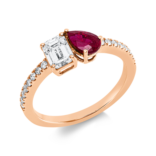 Ring 18 kt RG, 16 Brill. 0,16 ct, TW-si, 1 Sm.schliff 0,61 ct, TW-si, 1 Rubin 0,75 ct rot